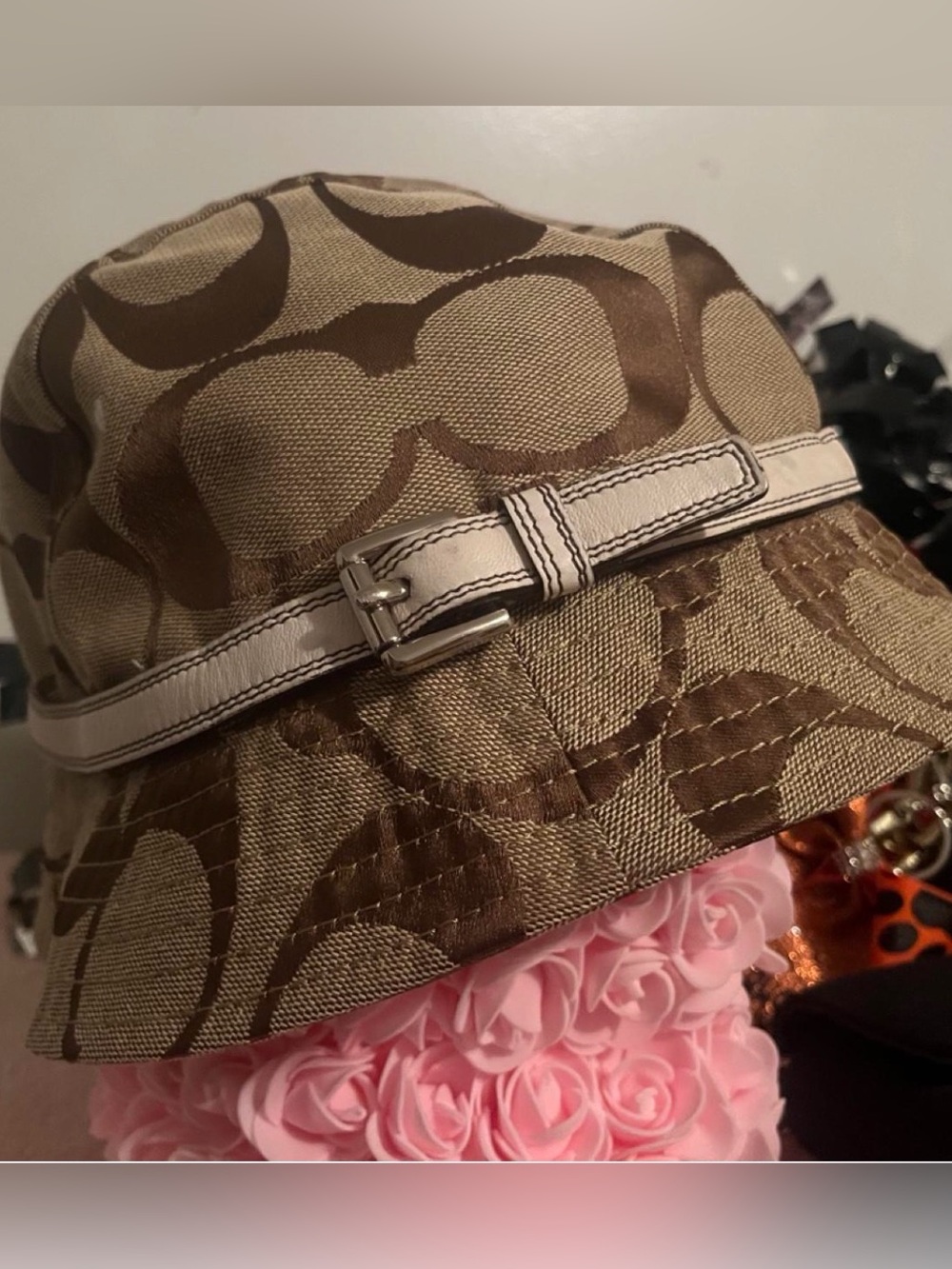 Coach Brown & Tan Signature Canvas Bucket Hat with Leather Trim